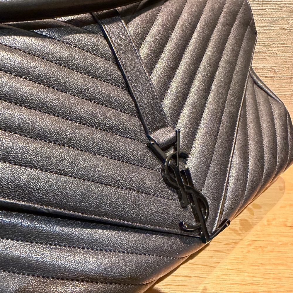 Saint Laurent “College” Large Matelassé Chevron YSL Leather Bag – Black-on-Black - Picture 2 of 14